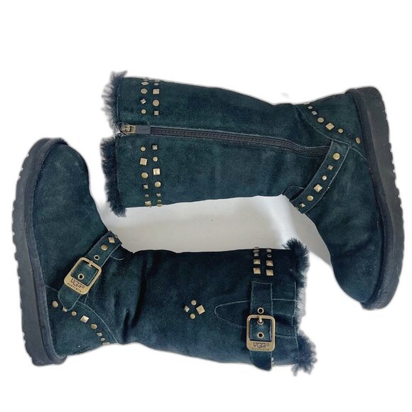 UGG Australia Black Shearling Studded Moto Boots Zip Up Girl's Kid's Size 3 - Picture 1 of 10